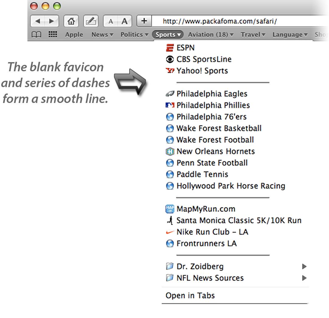 Safari bookmark menu separator